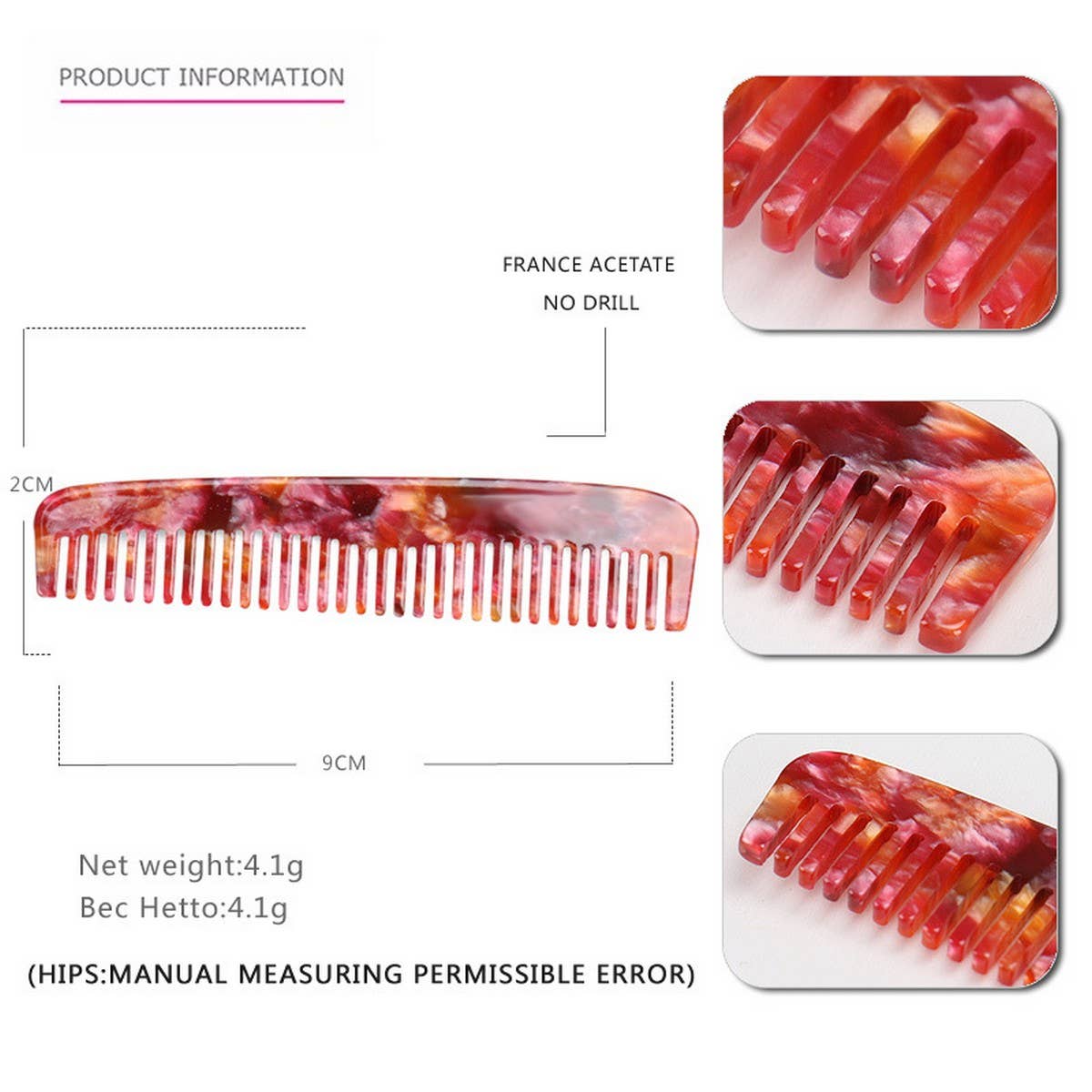 MARBLE TEXTURE ACETATE HAIR COMB STRAIGHT COMB_CWAHA4174