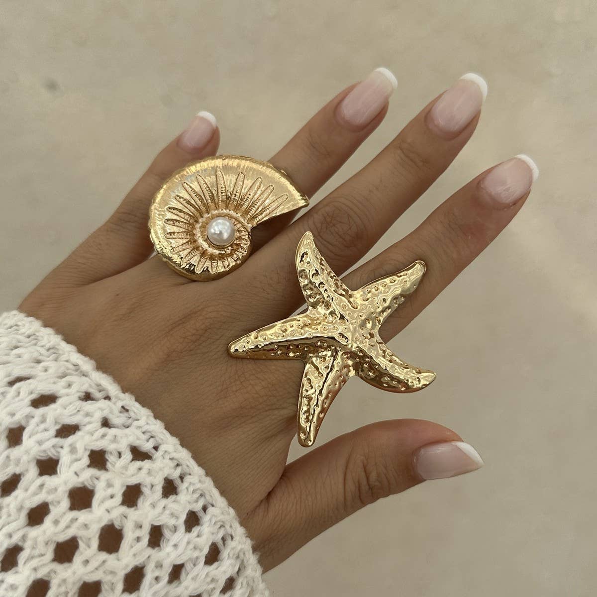 NEW BEACH IMITATION PEARL ADJUSTABLE ALLOY RING_CWMM3237