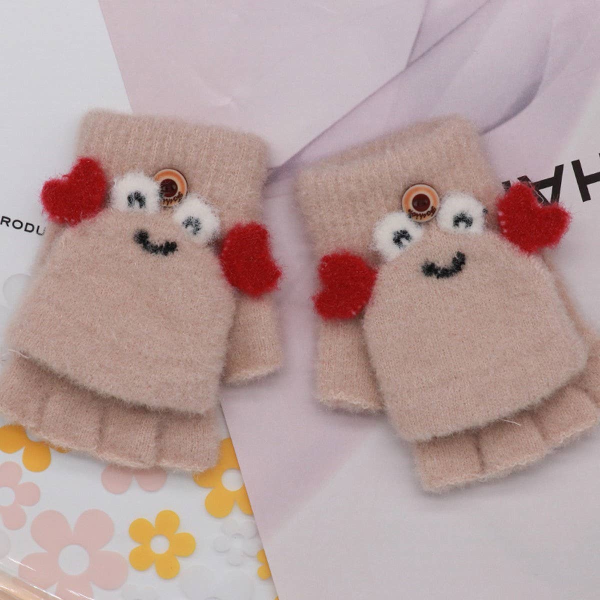 BABY CHILDREN HALF FINGER FLIP WRITING PLUSH GLOVES_CWAG0169