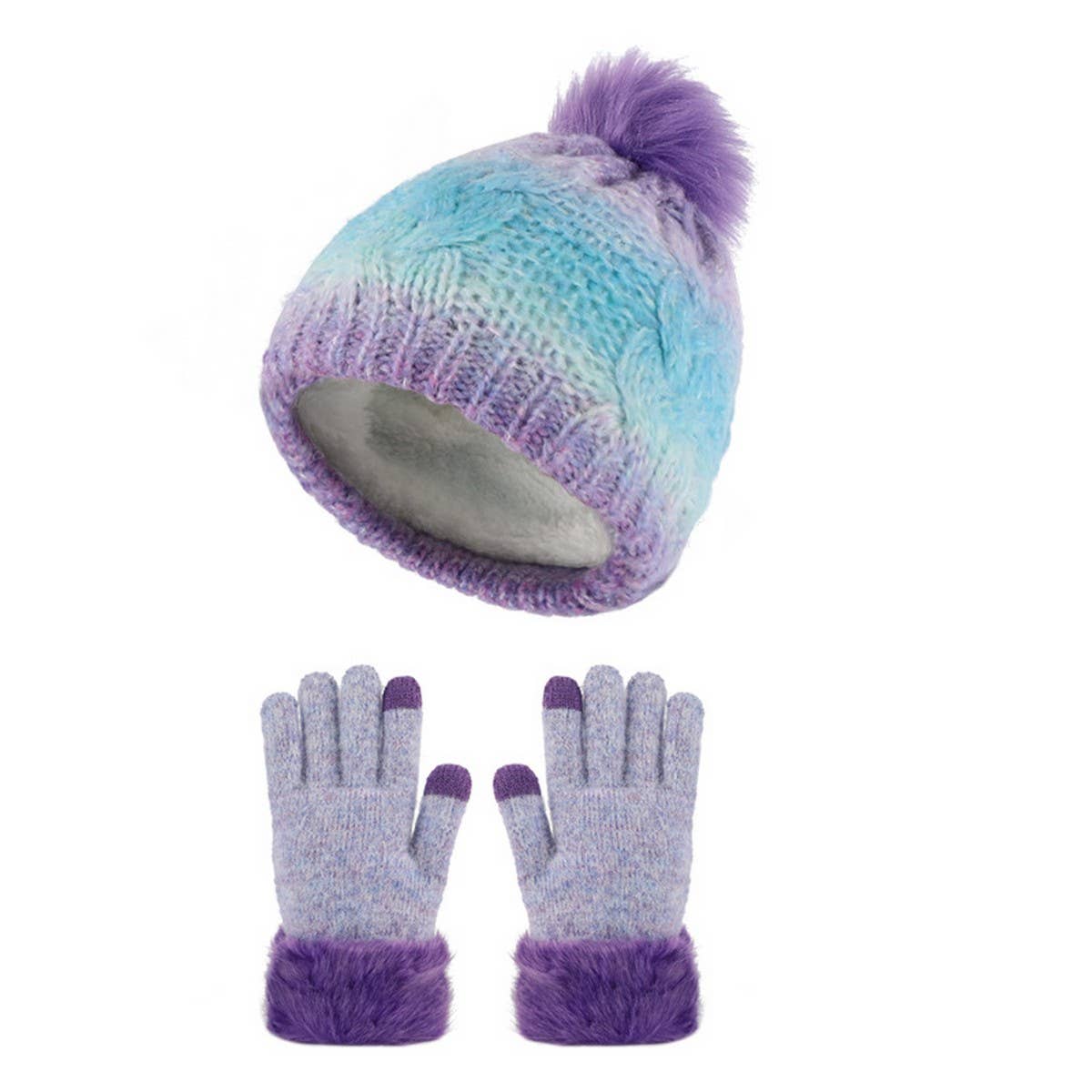 CHILDRENS FUR BALL HAT AND GLOVES TWO PIECE SET_CWMM2813