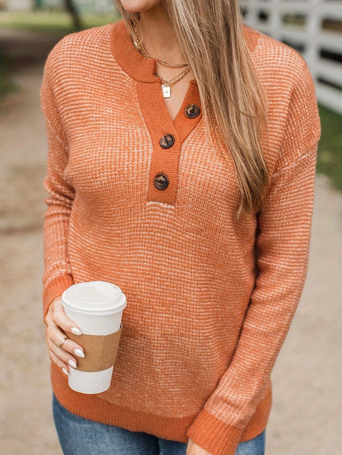 Solid-Color Loose Knitted V-Neck Button Sweater