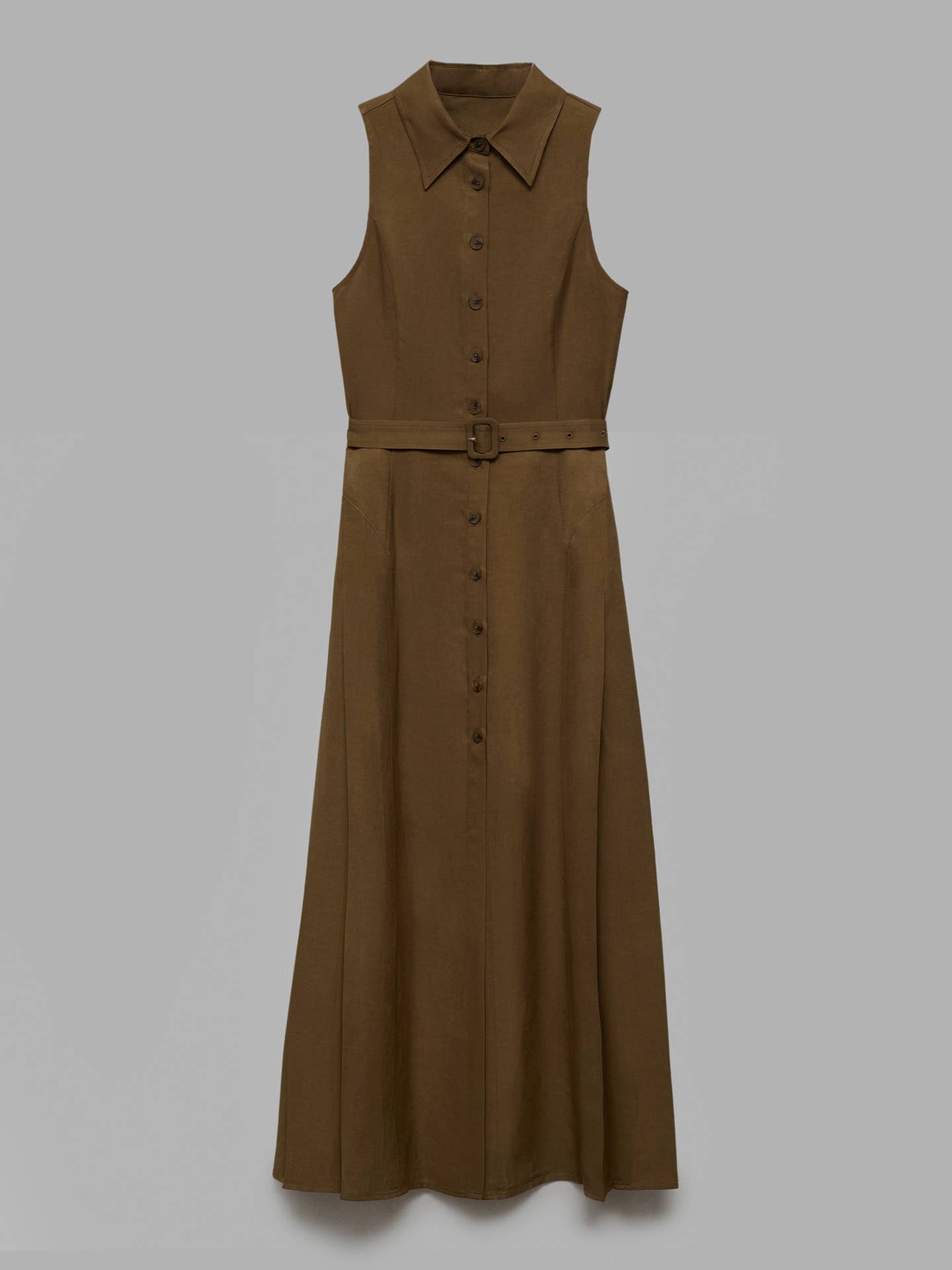 Split Sleeveless Solid Cinched Waist Shirt Dress