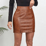 HIGH WAIST SLIT LEATHER SKIRT HIP SKIRT_CWBSS0408