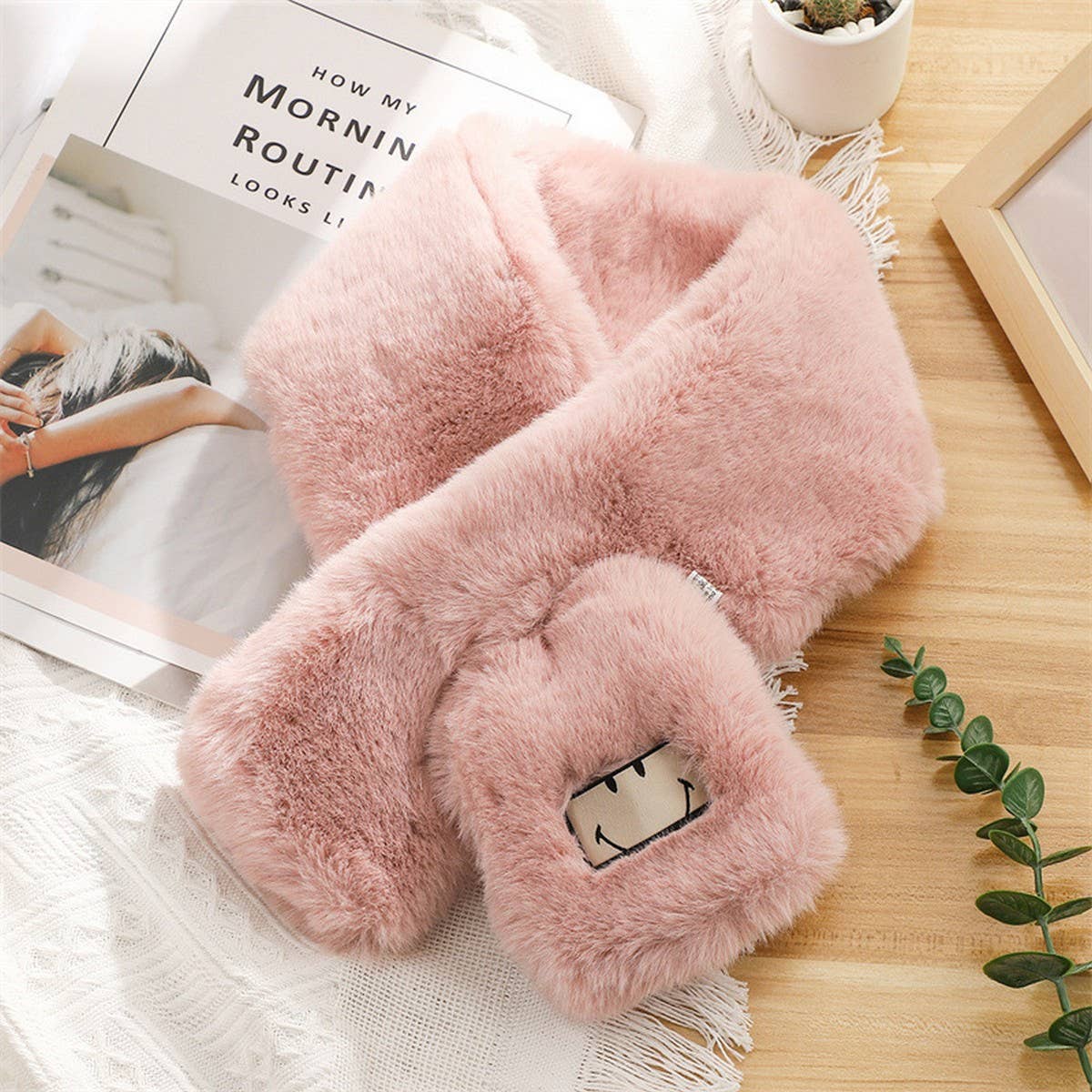 SMILEY FAUX RABBIT FUR SCARF COZY WINTER WRAP_CWASC1250