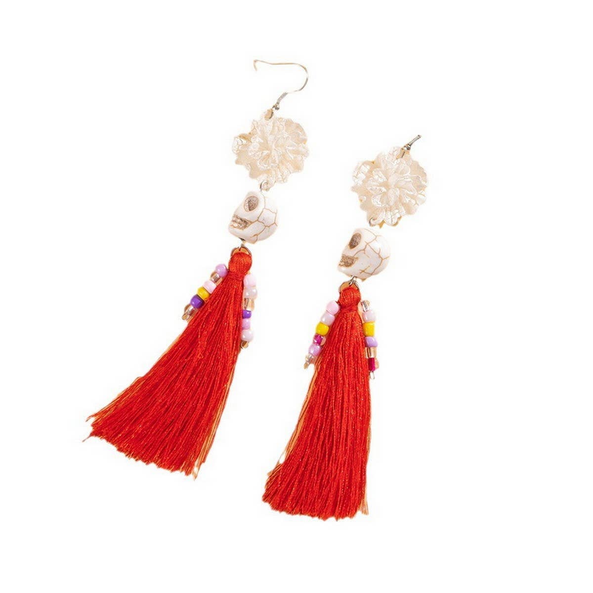 HALLOWEEN SKULL TASSEL RICE BEAD EARRINGS_CWAJE2411