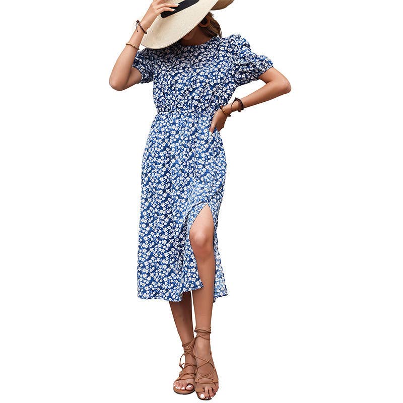 Split-Split Floral Blue Dress