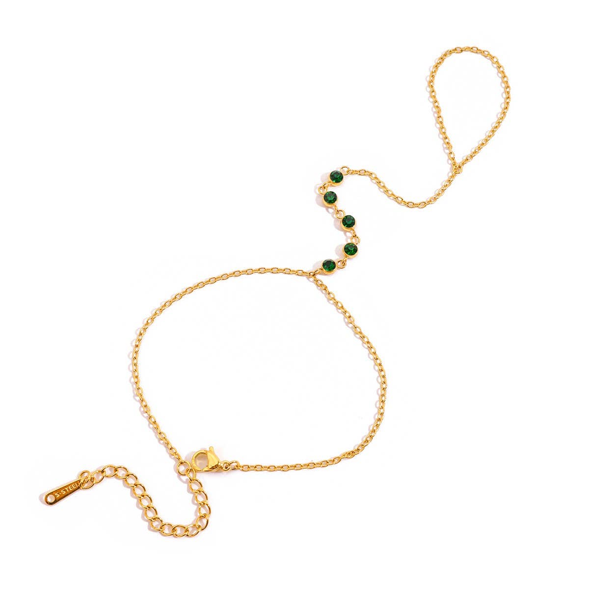 LUXURY GREEN ZIRCON FINGER CHAIN 18K GOLD STEEL_CWAJE4840