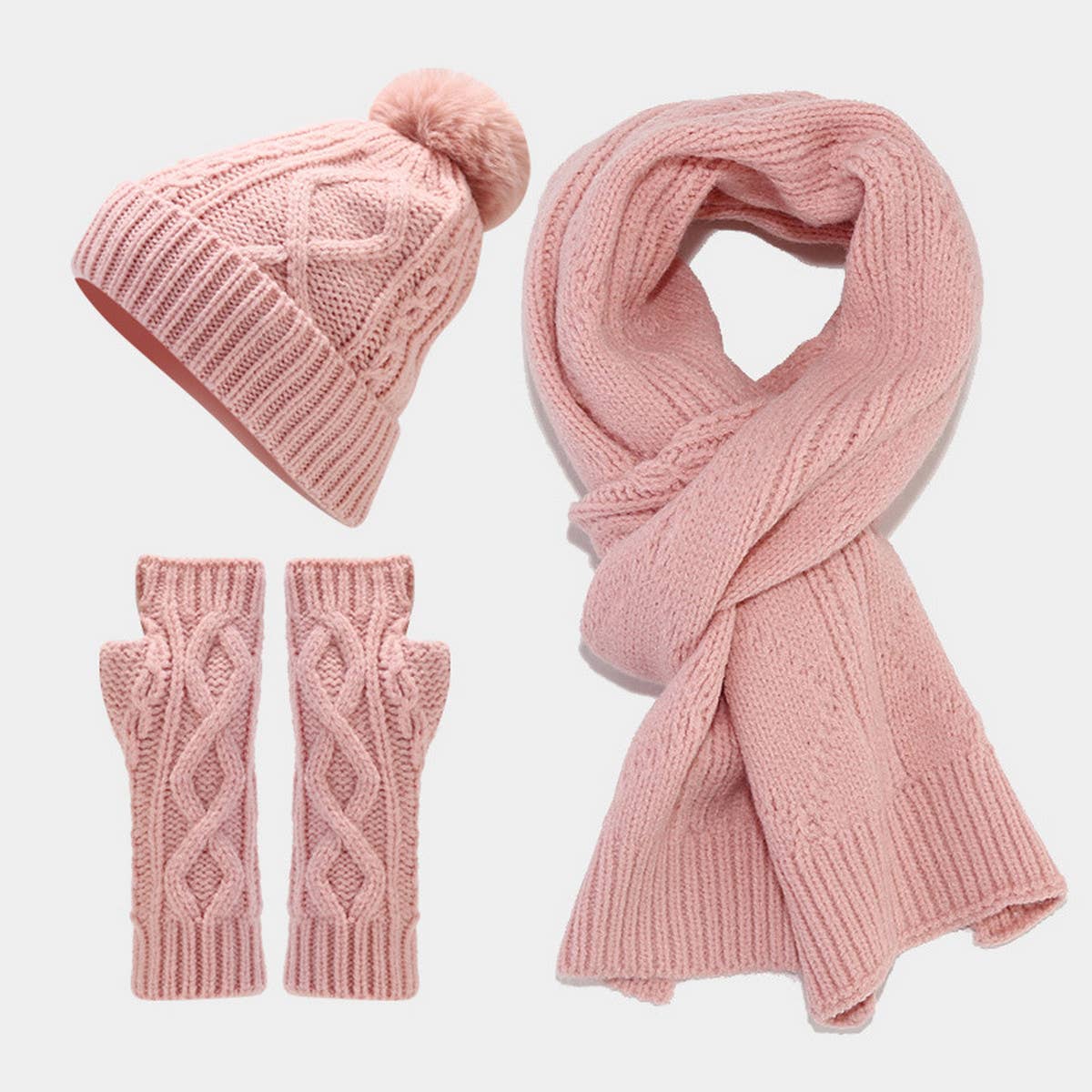 CABLE KNIT HAT SCARF AND GLOVES THREE PIECE SET_CWAH1580