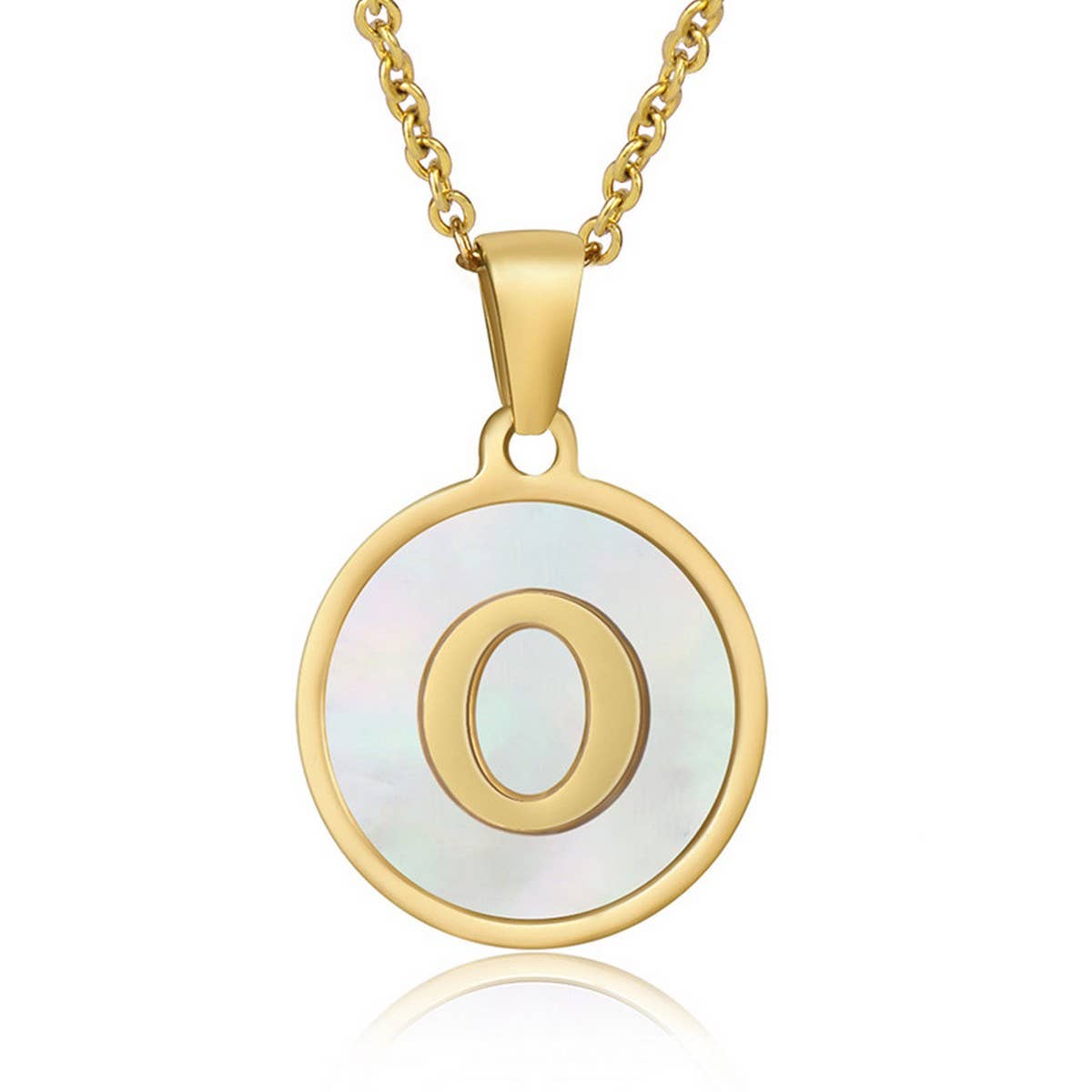 Cwaje1934_Round Stainless Steel White Shell Letter Necklace