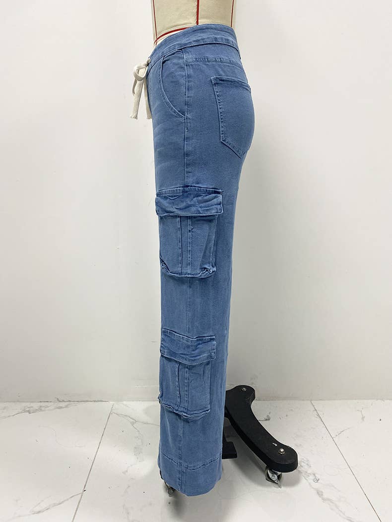 Washed Cargo Multi-Pocket Wide-Leg Lace-Up Jeans