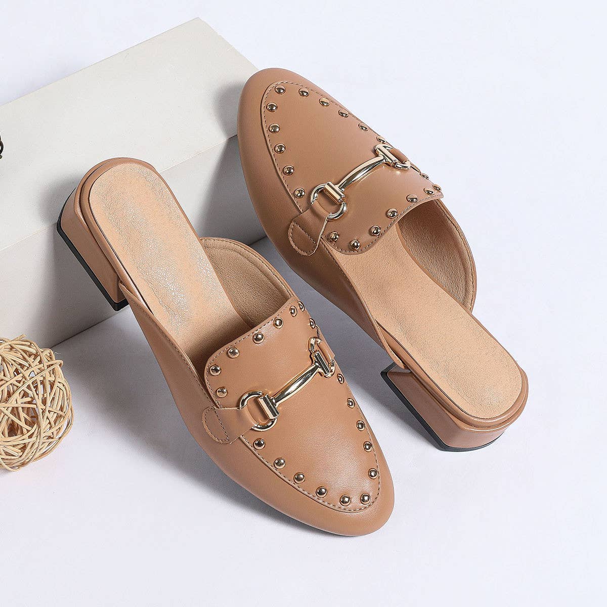Versatile Mid-Heel Round Head Rivets Mules