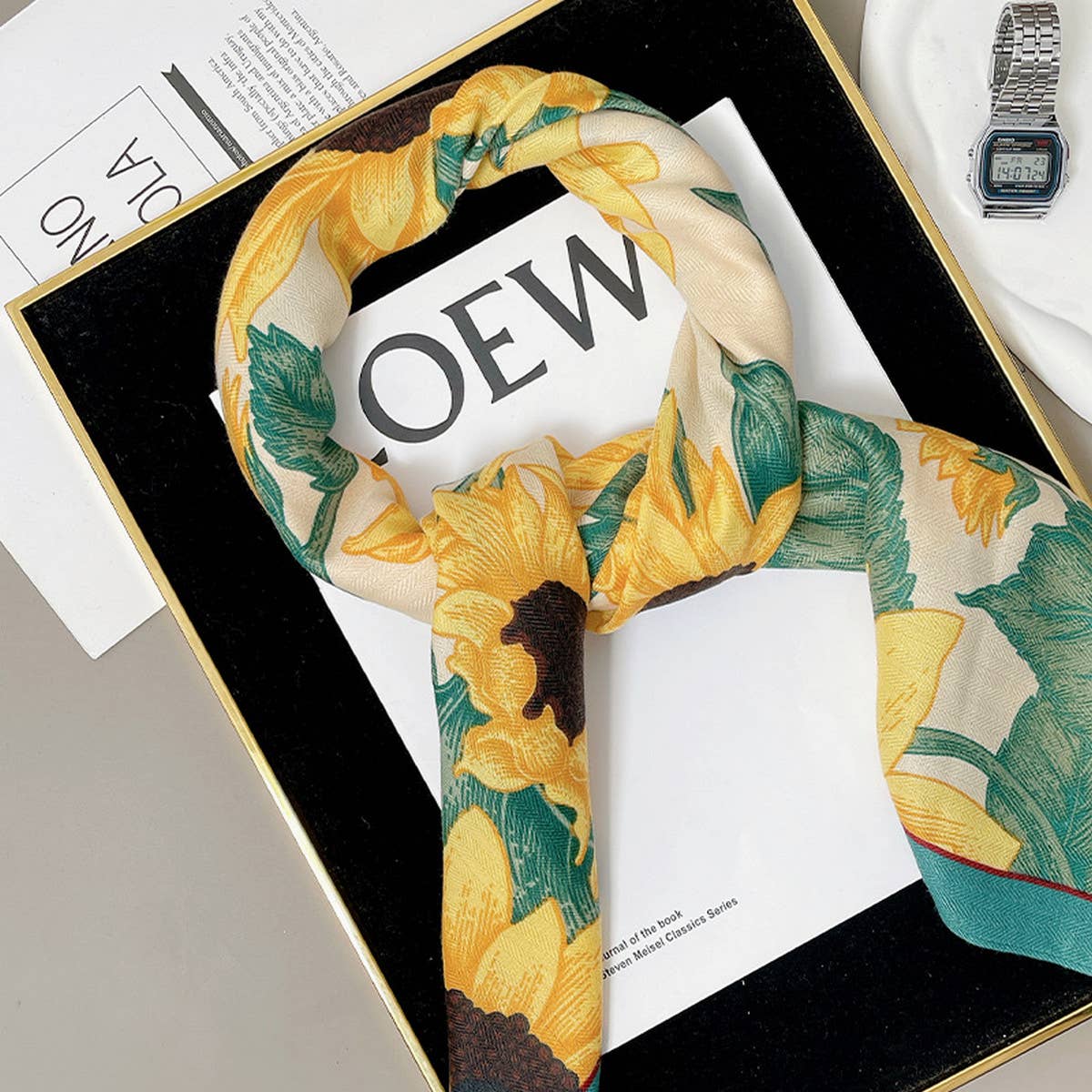 90CM SUNFLOWER FAUX WOOL VELVET SCARF SHAWL_CWASC0907