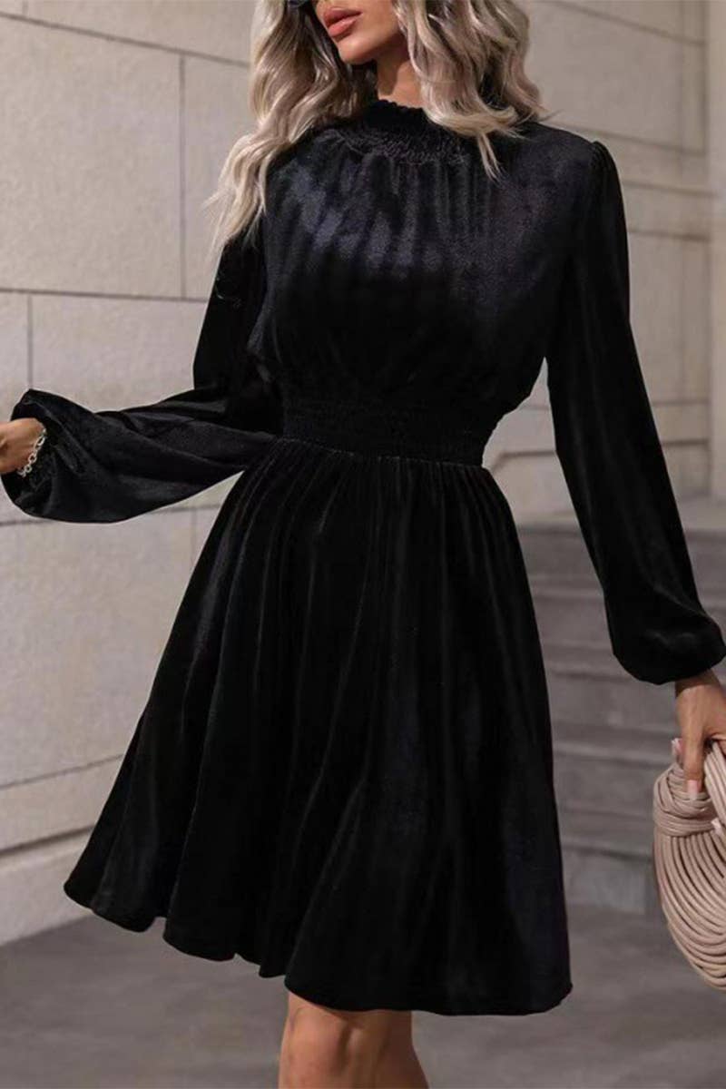Velvet Long-Sleeved Dress With Waist Tucked