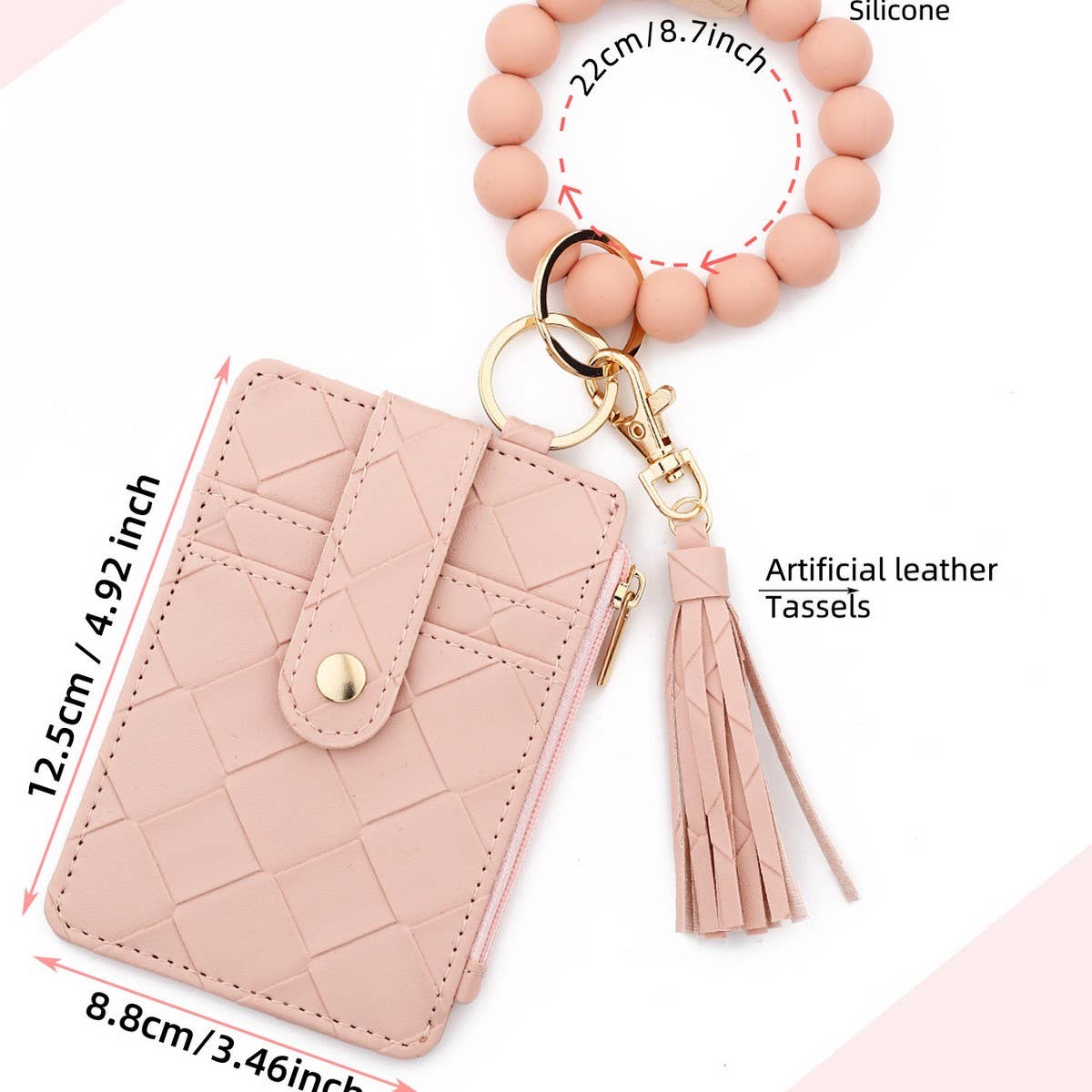 CHECKERED PU CARD WALLETWITH BEAD BRACELET KEYCHAIN_CWAB4958