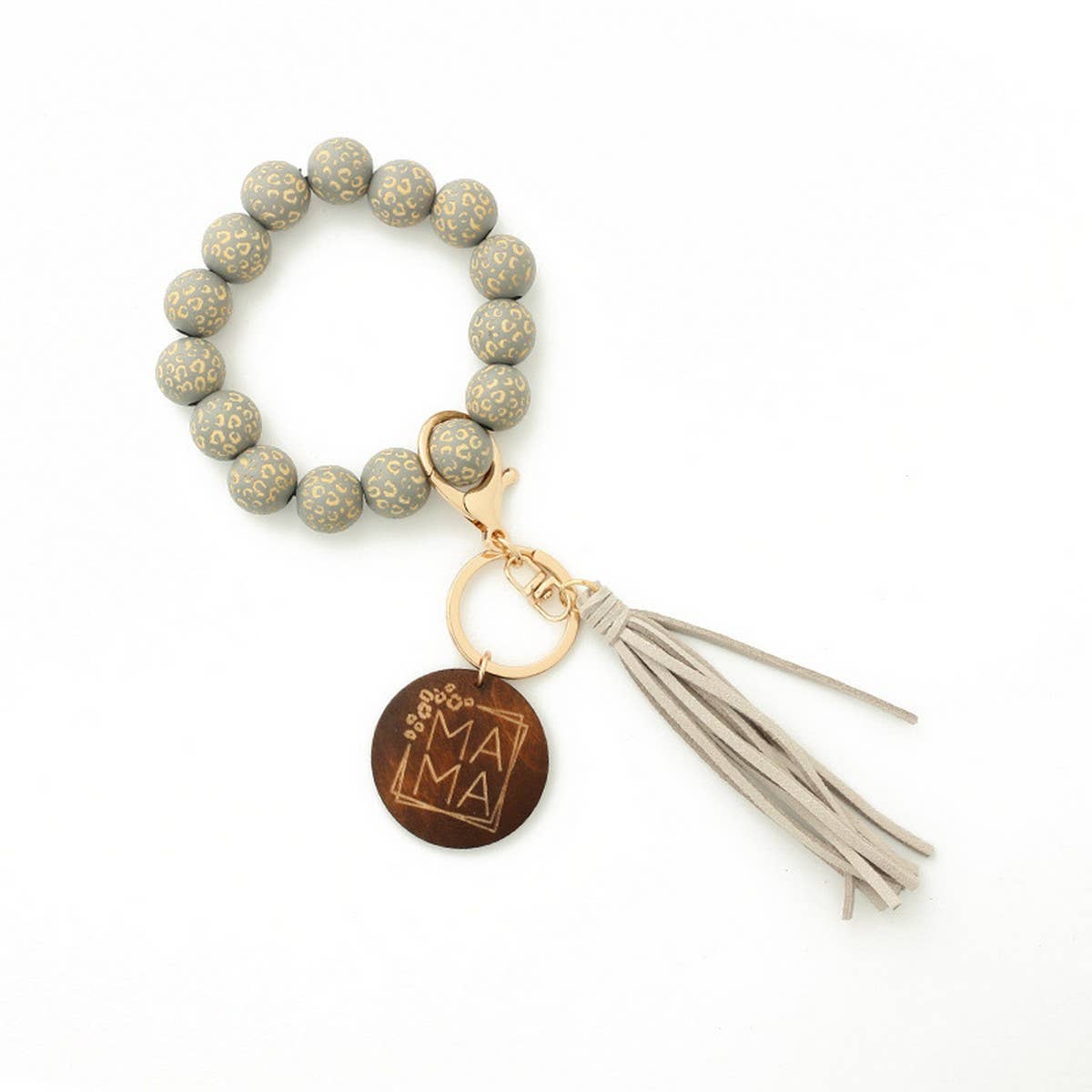 LEOPARD WOOD BEAD BRACELET WITH TASSEL KEYCHAIN_CWAB5107