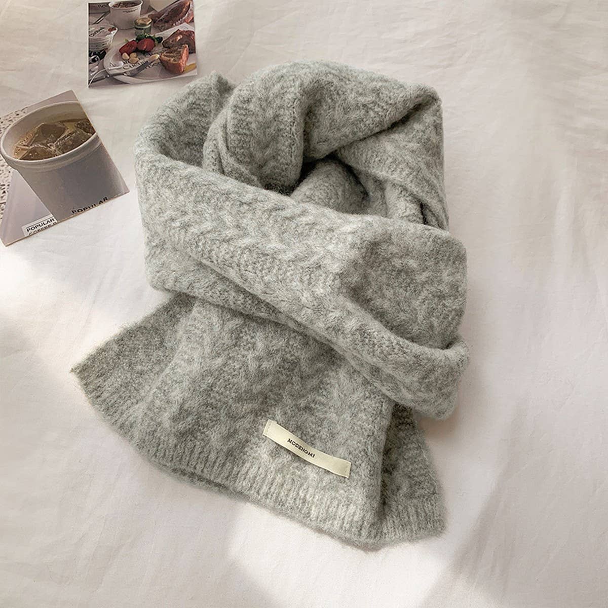 AVOCADO GREEN WOOL KNIT SCARF FOR WOMEN WARM_CWASC1506