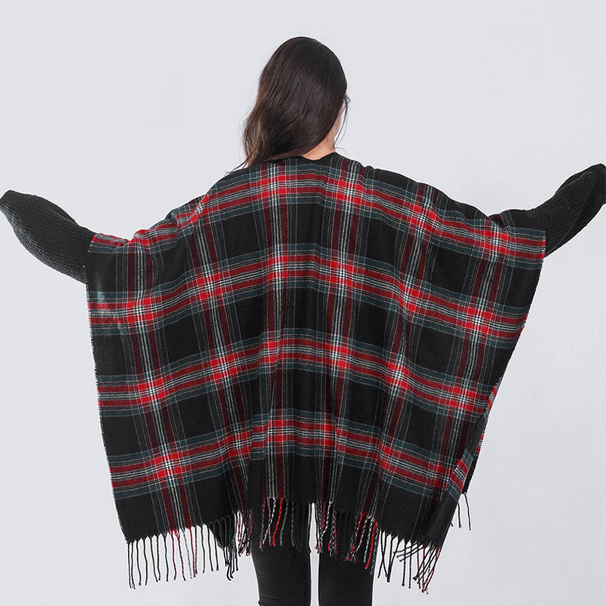 Plaid Faux Cashmere Cape Scarf With Tassels_Cwasc0336