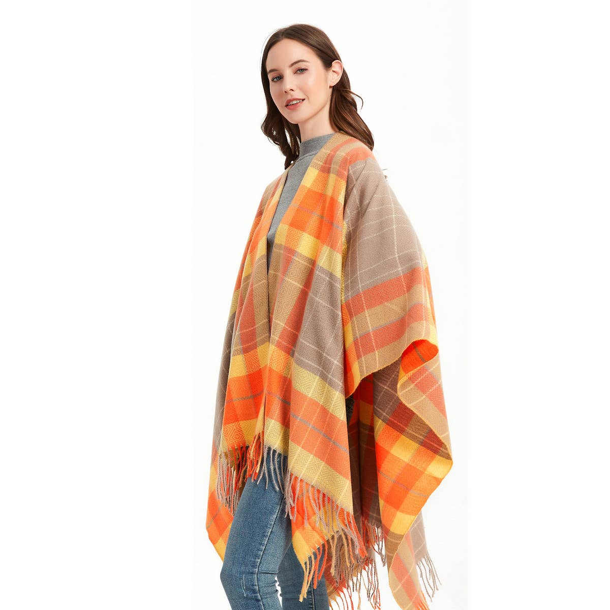 CAPE DOUBLE SIDED PLAID SLIT SHAWL_CWASC1209