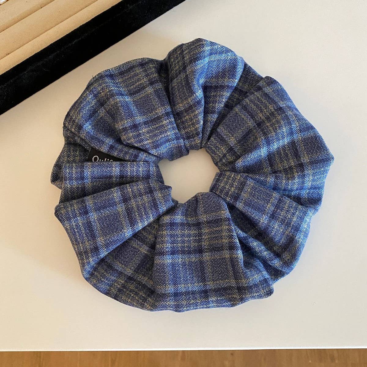 Blue Plaid Scrunchie Soft Gentle Fabric Tie_Cwaha08189