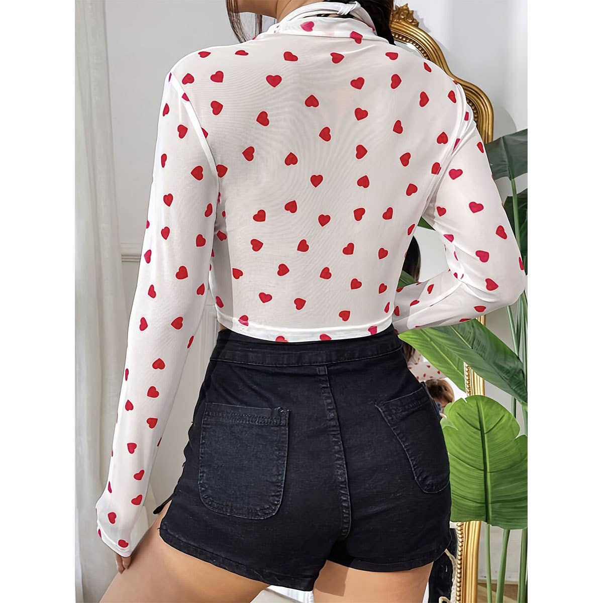 CUTE HEART PRINT MESH ROUND NECK LONG SLEEVE TOP_CWTBLL3426