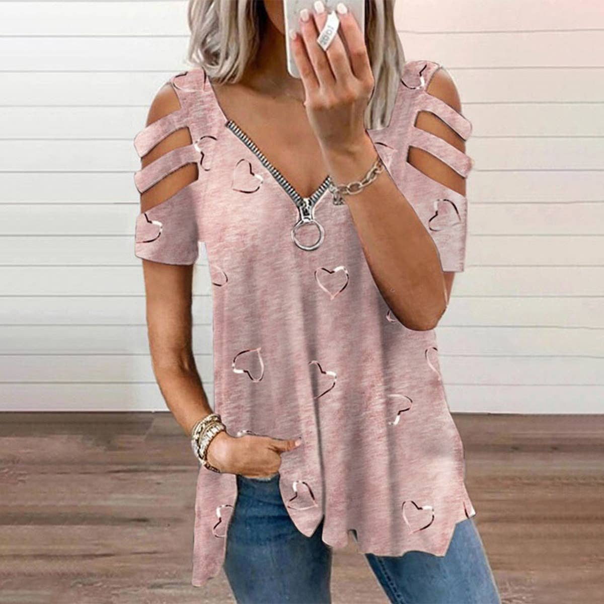 V-Neck Zip-Up Print Short-Sleeved Baggy Blouse