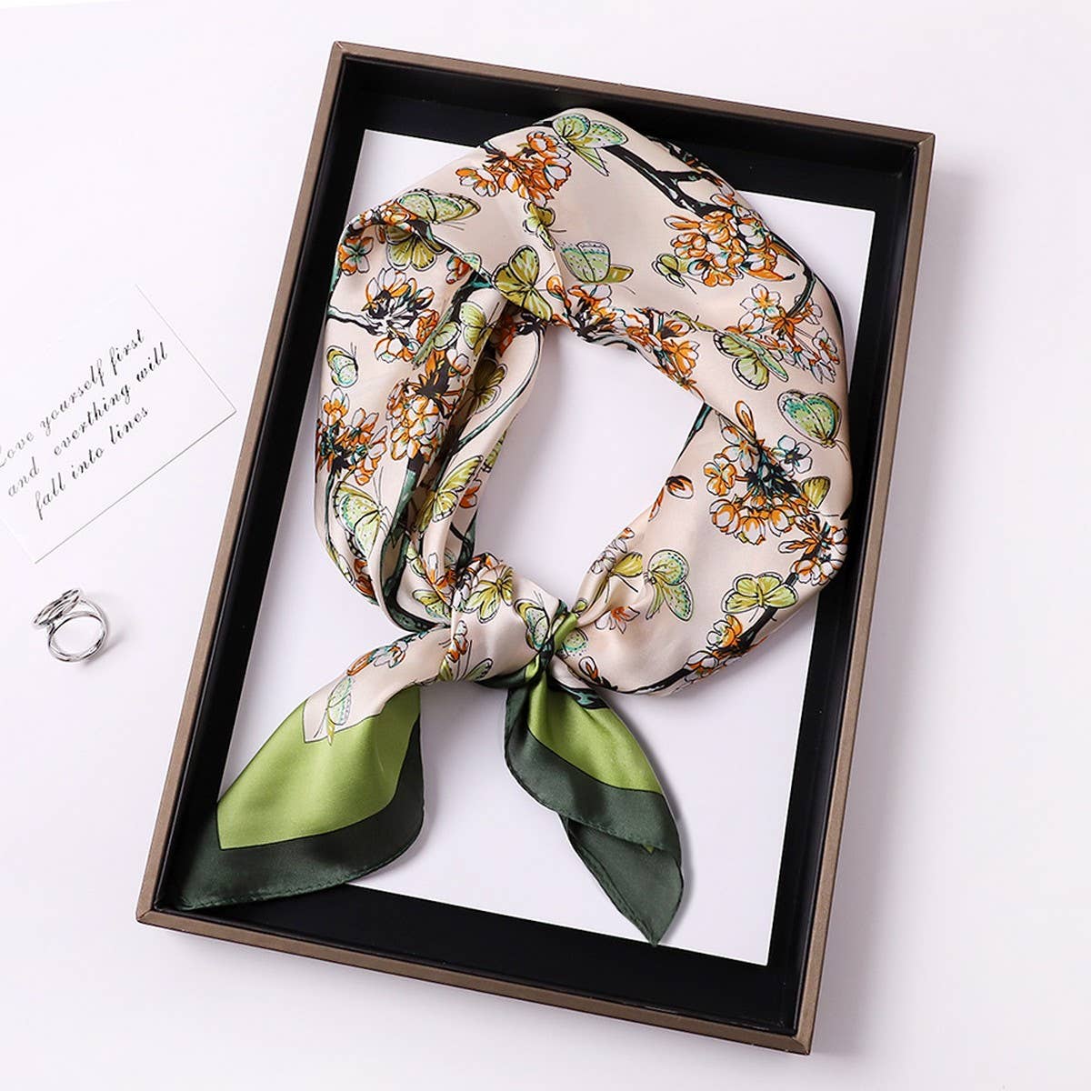 Vintage Letter Print Satin Square Scarf For Women_Cwasc0809
