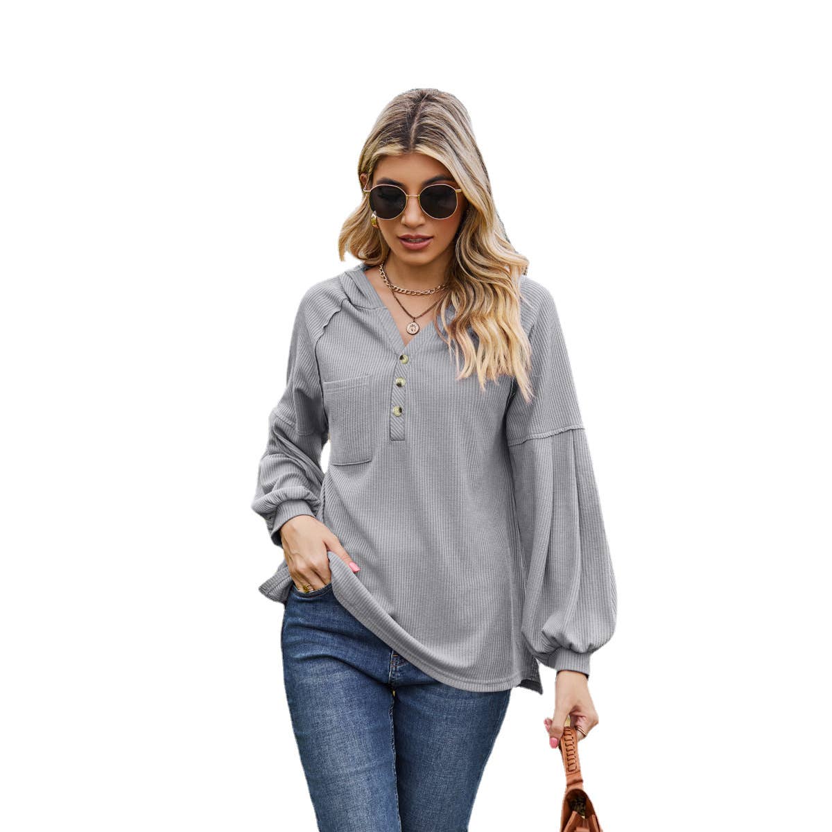 Waffle Hoodie With Hooded Buttons And Long Sleeve