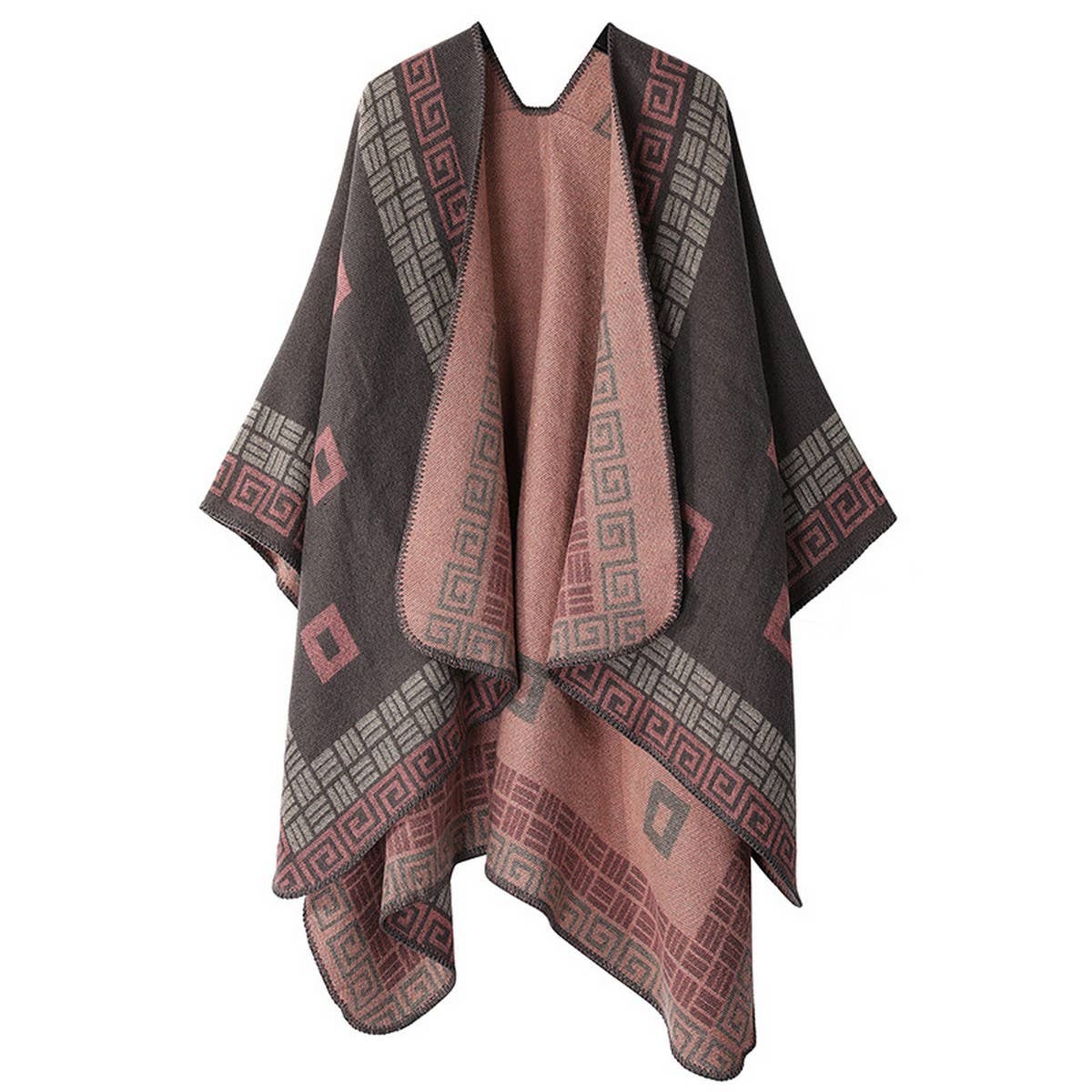 DOUBLE SIDED PLAID FAUX CASHMERE SHAWL CAPE_CWASC2137