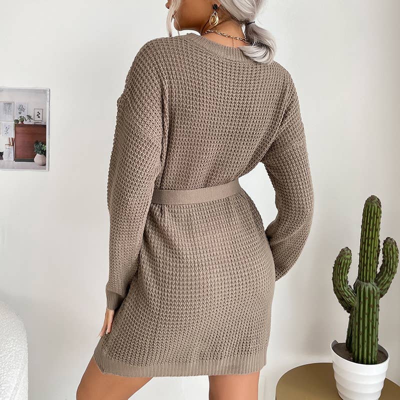 Solid Color Long Sleeve Sweater Dress With Lace-Up