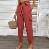 Solid Color High-Waisted Casual Lace-Up Pants