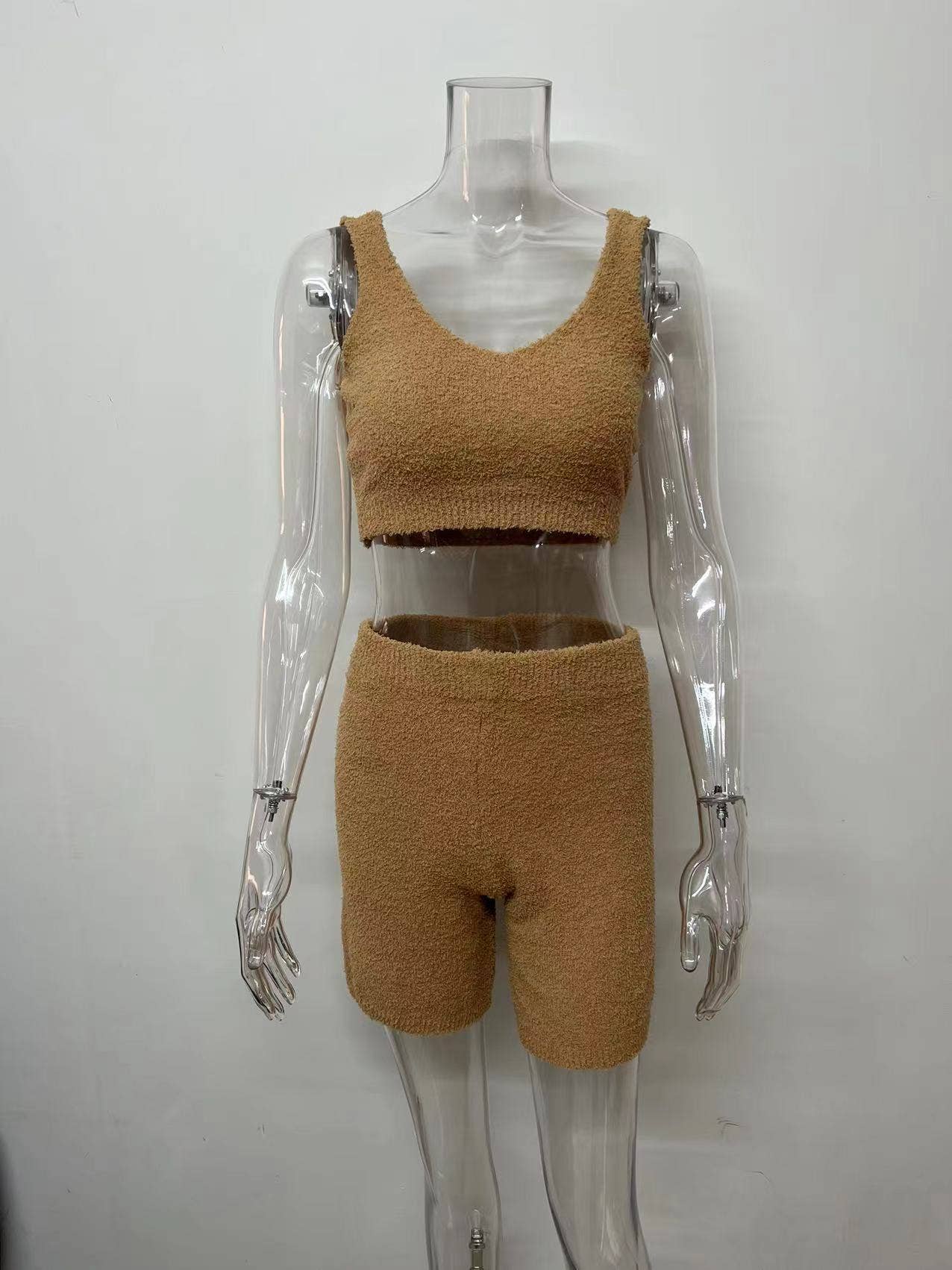 Plush V-Neck Sexy Crop Top And Shorts Set