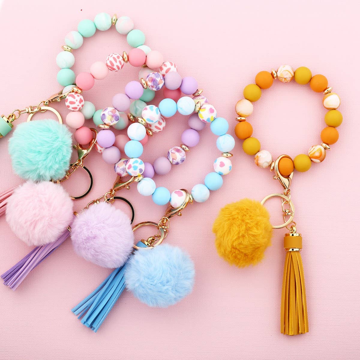 POM POM TASSEL KEYCHAIN SILICONE BEAD BRACELET_CWAB5016