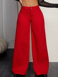 Solid Color High-Waisted Loose Denim Trousers