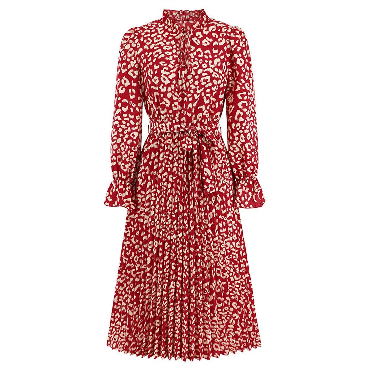 Stand Collar Lace-Up Pleated Casual Long Dress