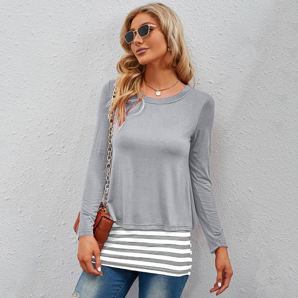 Two Fake Crew-Neck Stretch Striped T-Shirt