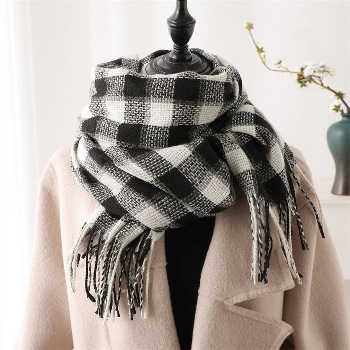 PLAID FAUX CASHMERE SCARF COZY LONG FRINGE WRAP_CWASC1442
