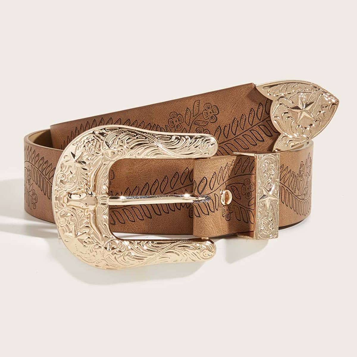 Western Style Horseshoe Print Camel Belt_Cwabe0447