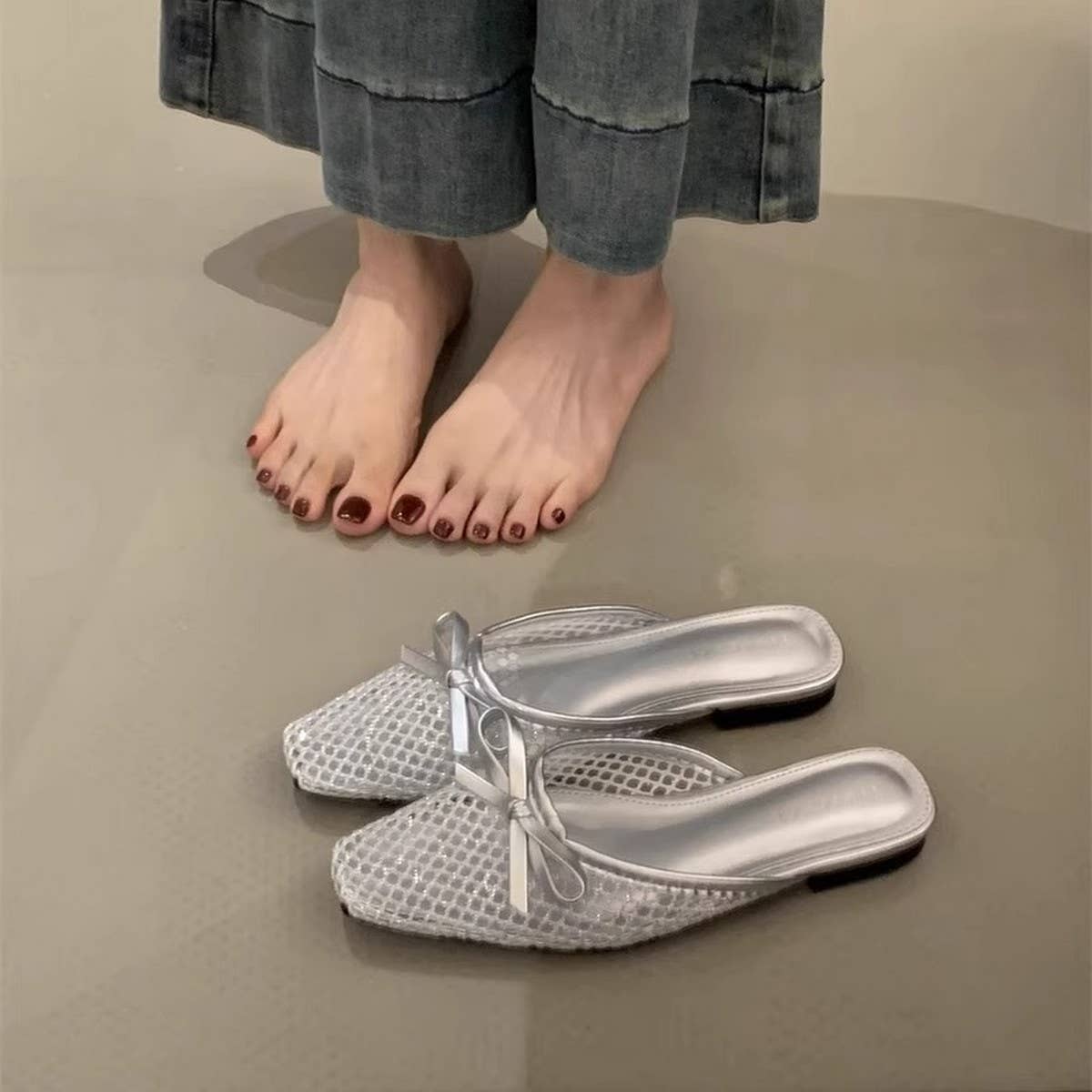 MESH BOW KNIT MULES FLAT BALLET SLIP ON SHOES_CWSHF0114