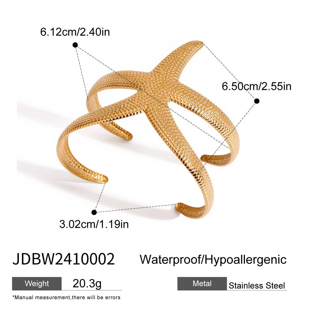 18K GOLD HAMMERED STARFISH OPEN BANGLE NO FADE_CWAJE4684