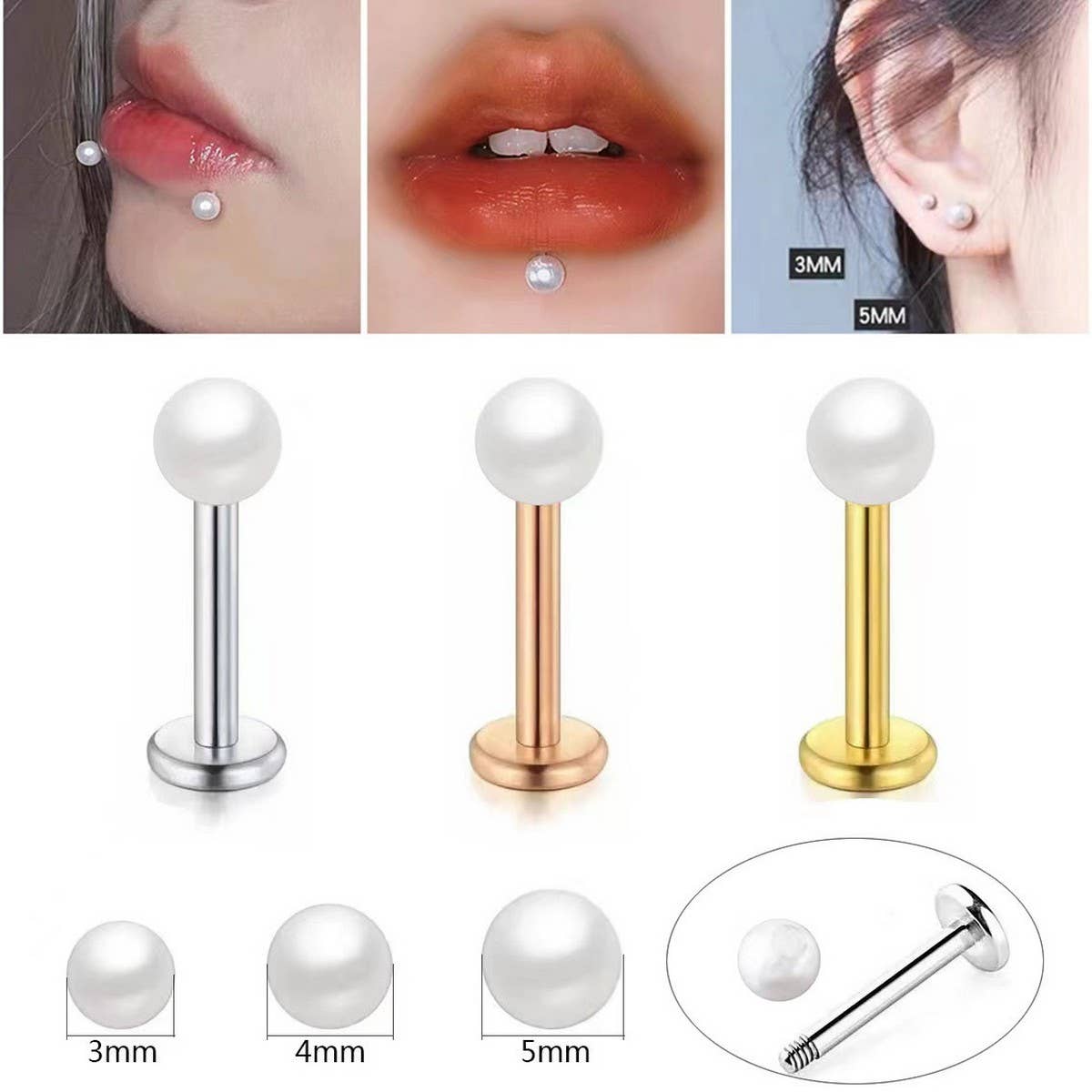 STAINLESS STEEL PEARL LIP BAR PIERCING JEWELRY_CWMM9588