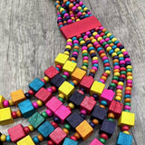 COLORFUL SQUARE WOOD MULTI LAYER NECKLACE_CWMM4859