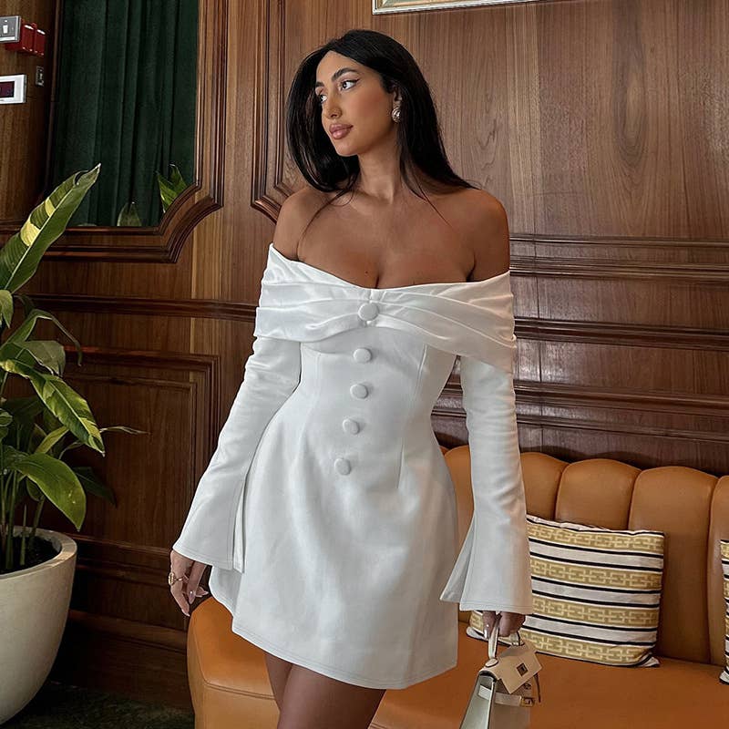 Solid-Color Strapless Long-Sleeved Short Dress