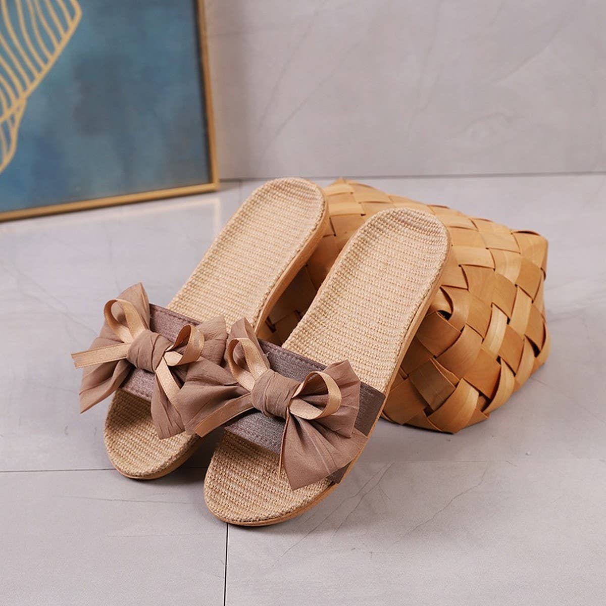 CUTE BOW LINEN SLIPPERS FOR HOME OFFICE_CWSHF0177
