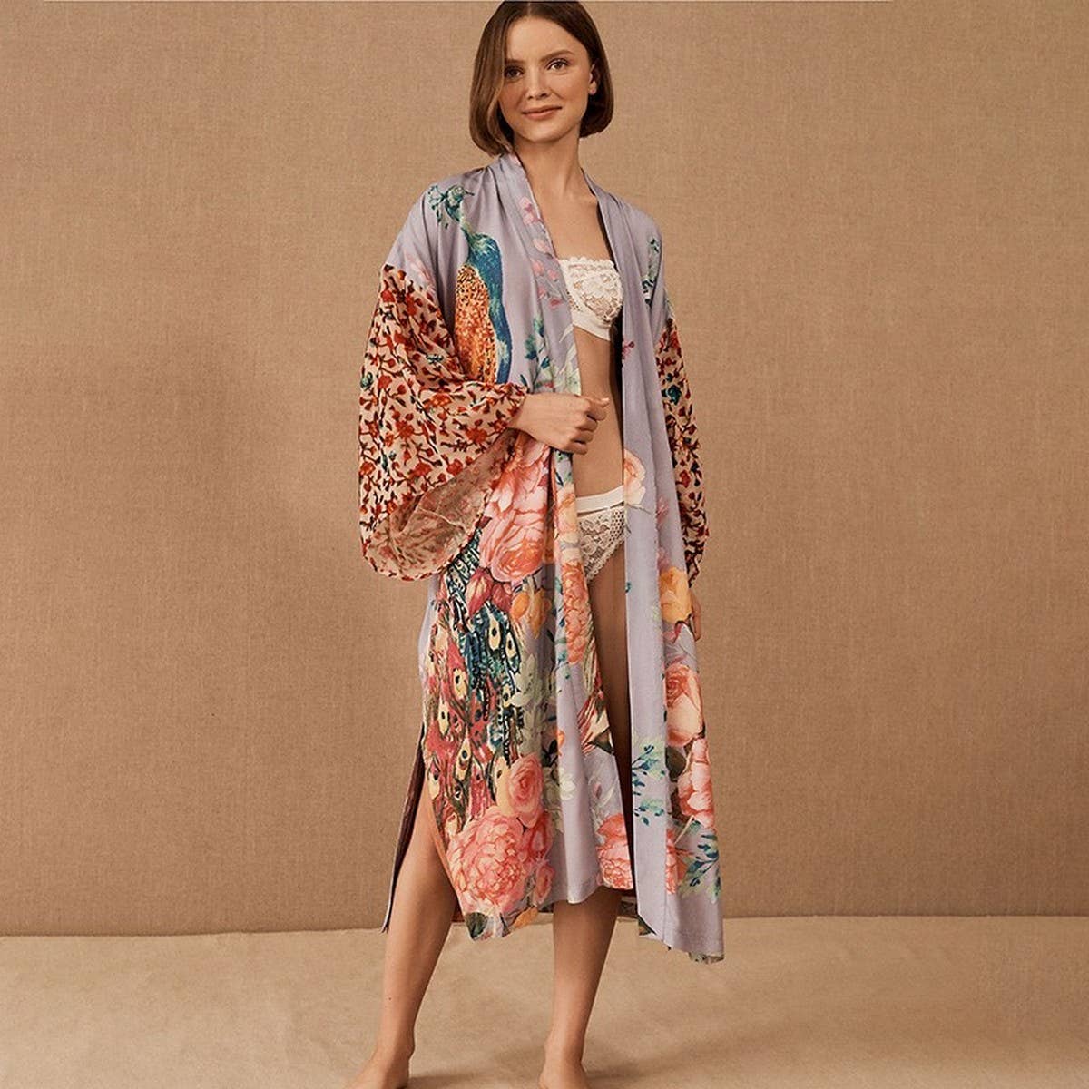 PEACOCK PRINT RESORT SUN PROTECTION BEACH CARDIGAN_CWMM6305