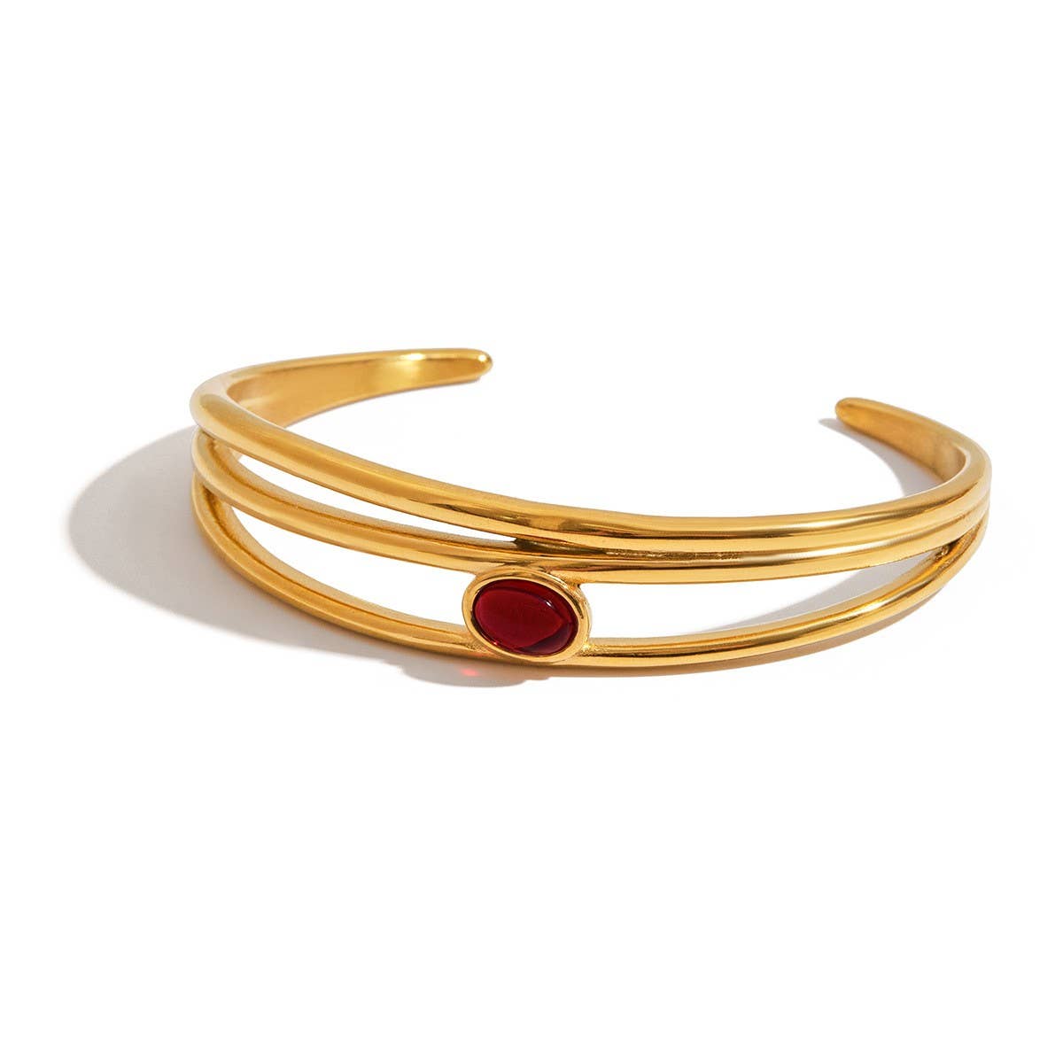 LUXURY 18K GOLD TRIPLE LAYER RED STONE OPEN CUFF_CWAJE4818