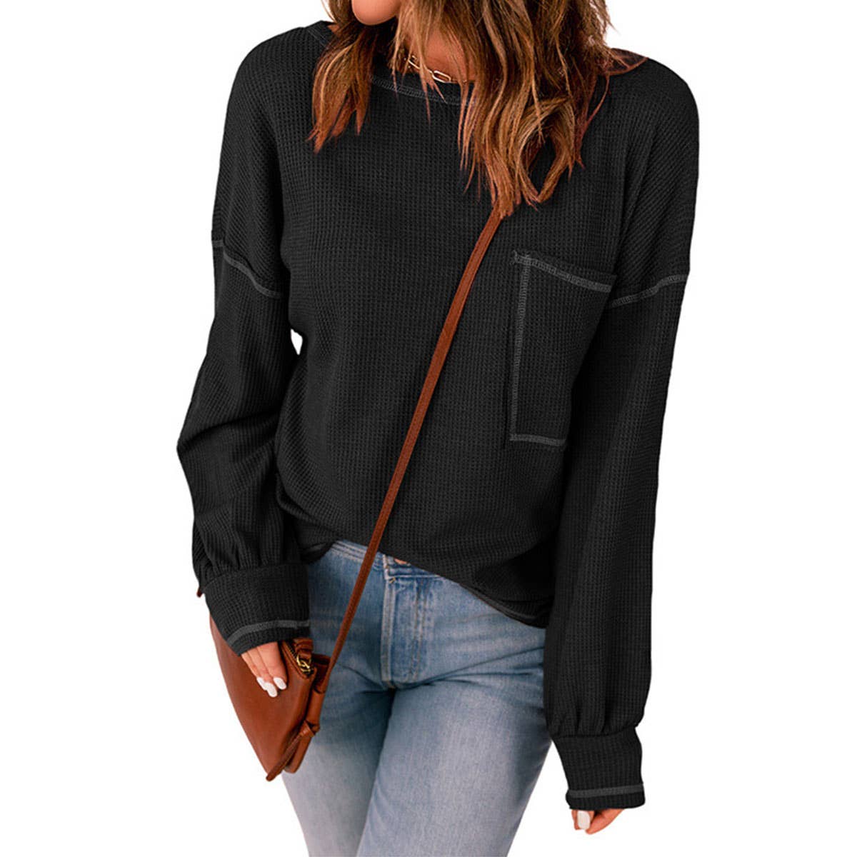 Waffle Solid Color Pocket Knitted Top Woman