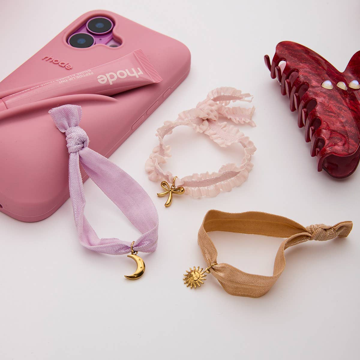 SWEET 18K GOLD PINK LACE BOW PENDANT BRACELET_CWAJE4806