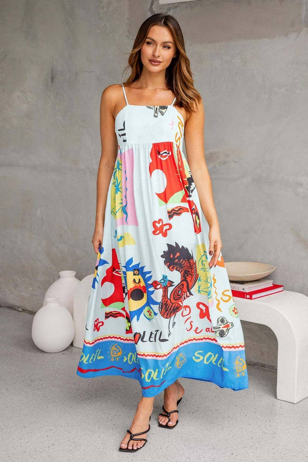 CWDMD3030_PRINTED SUSPENDER DRESS WITH WIDE SWING