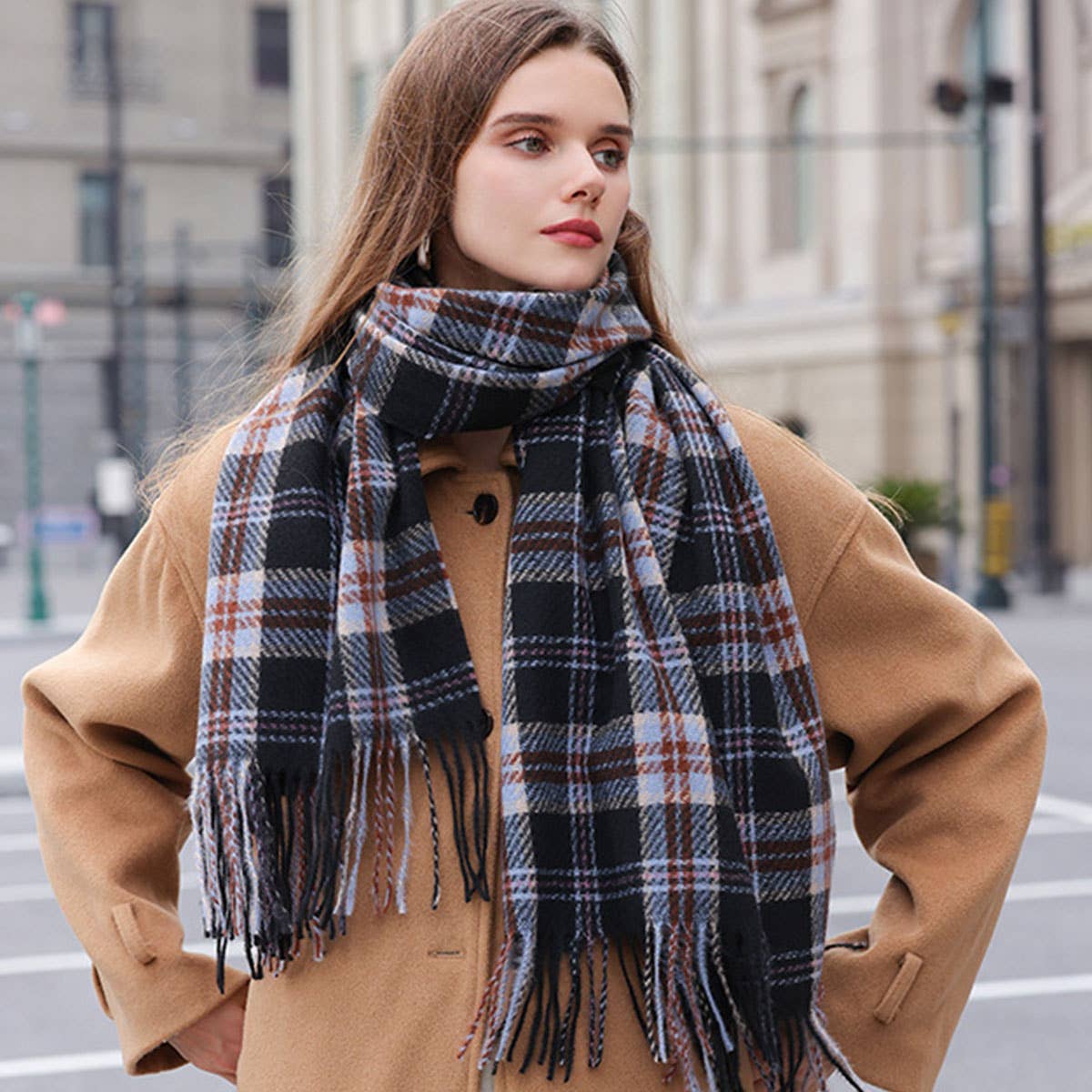 PLAID WINTER SCARF FOR WOMEN SOFT TASSEL SHAWL_CWASC0224