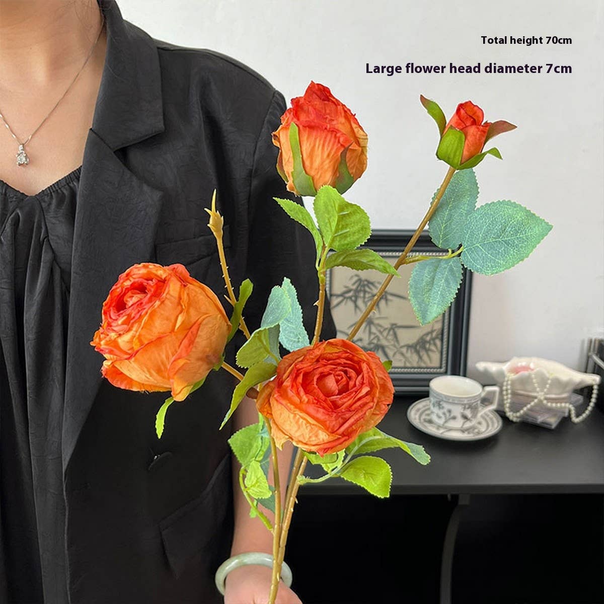 SINGLE STEM 4 HEAD COUNTRY STYLE BURNT EDGE ROSES_CWMM6473